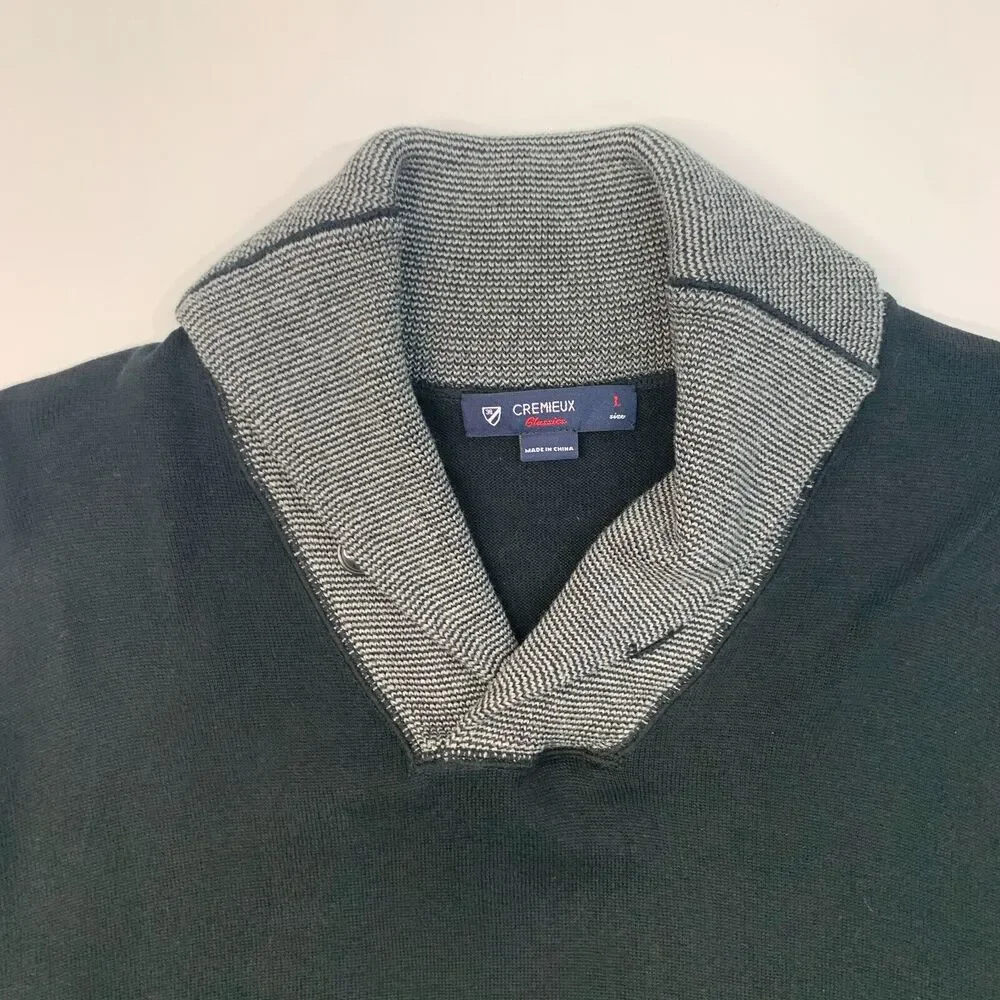 Cremieux Sweater Mens L Large Black Shawl Neck Cotton Pullover Long Sleeve